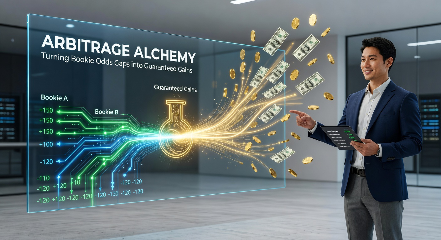 Close-up of a calculator screen showing arbitrage stake calculations for a soccer match with profit percentages highlighted