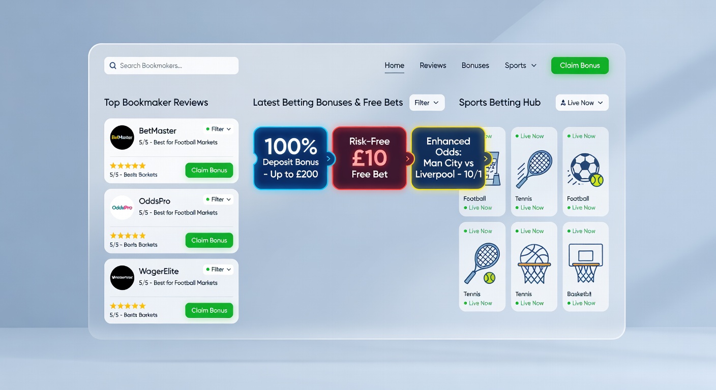 Collage of bookmaker bonus screens displaying free bet tokens, enhanced odds icons, and casino welcome spins for UK punters