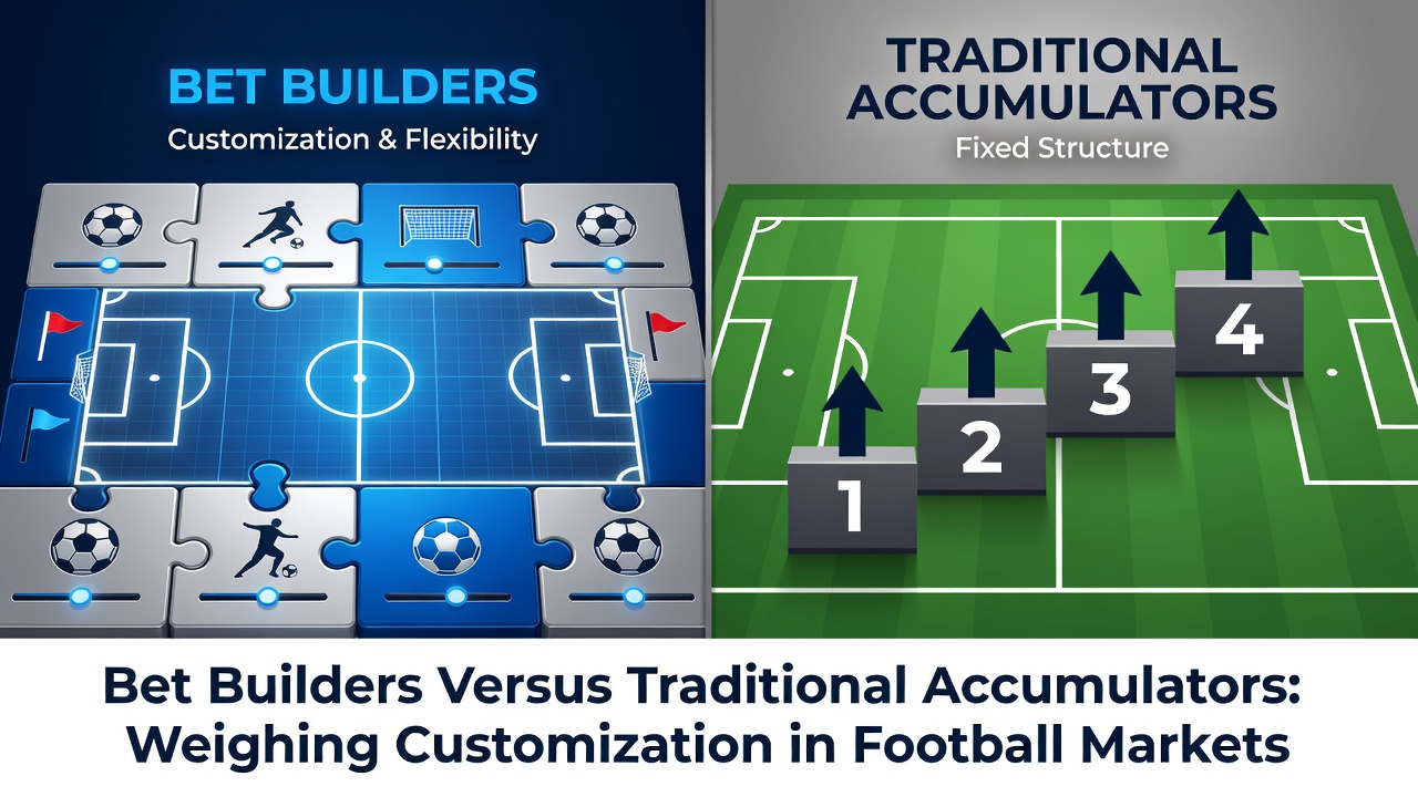 Side-by-side comparison of bet builder interface and traditional accumulator slip on a football betting platform