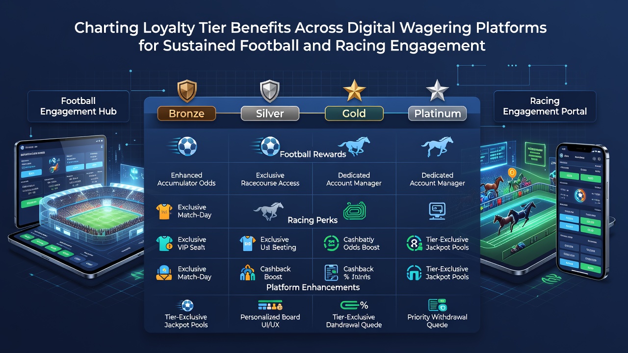 Infographic showing tier benefit comparisons between football and horse racing loyalty programs on mobile wagering interfaces