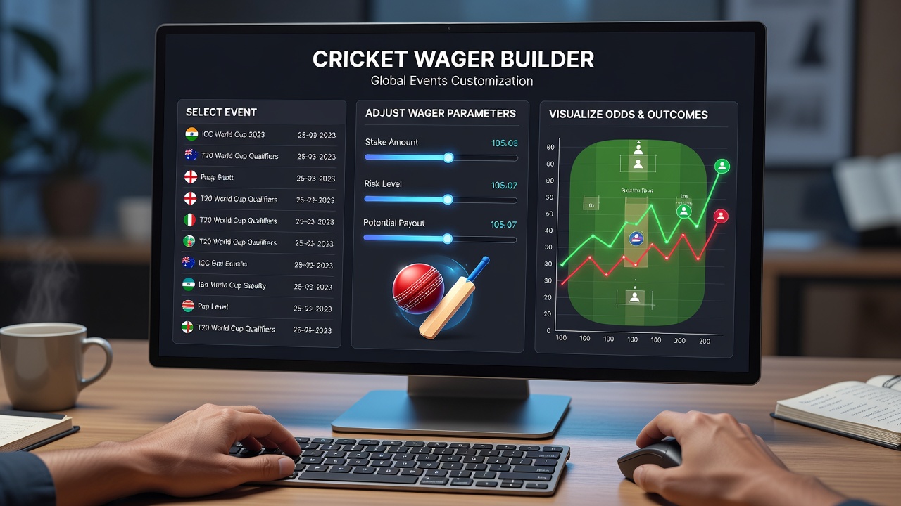 Interactive cricket betting interface showing customizable wager options for global events