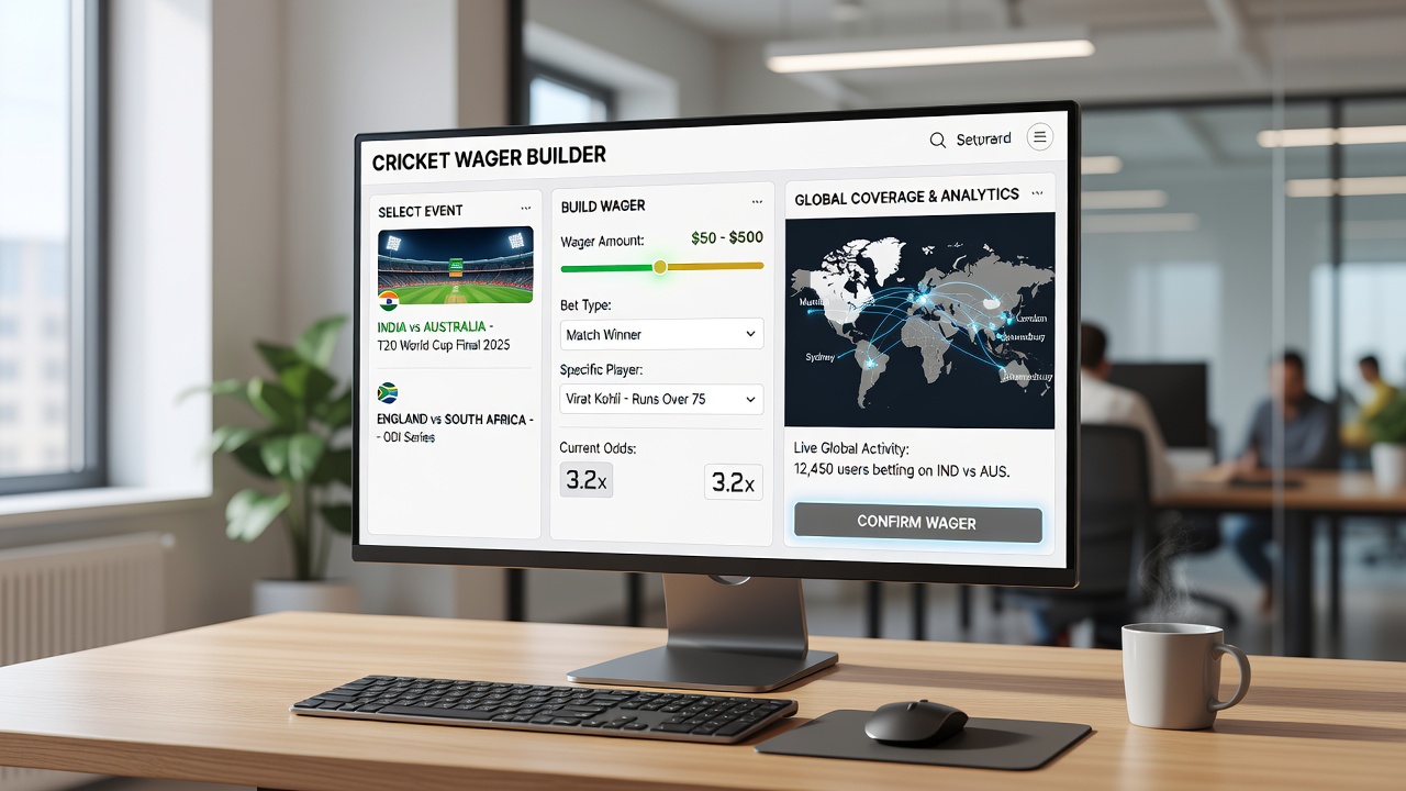 Cricket match visualization with overlaid betting customization tools for player props and team statistics