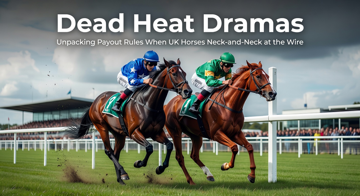 Two horses crossing the finish line neck-and-neck in a dramatic UK race dead heat, with jockeys urging them on in the final strides