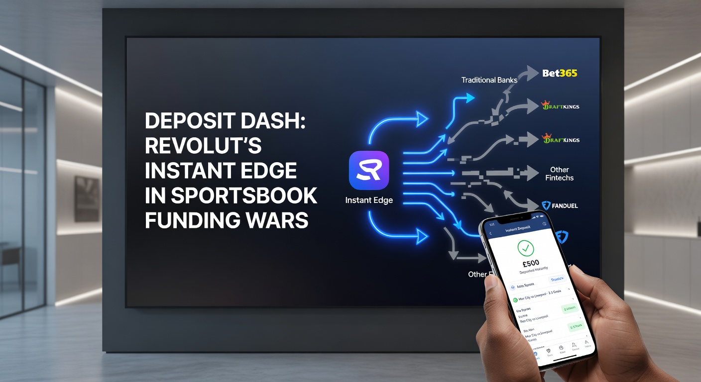 Comparative chart of deposit speeds: Revolut at 10 seconds versus competitors at 2-5 minutes, overlaid on a bustling sportsbook trading floor