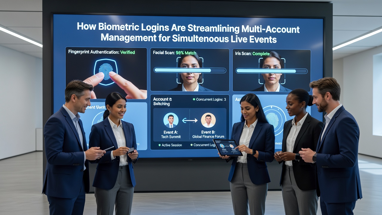 User managing multiple betting accounts on a tablet with biometric authentication prompts visible during a live sports event