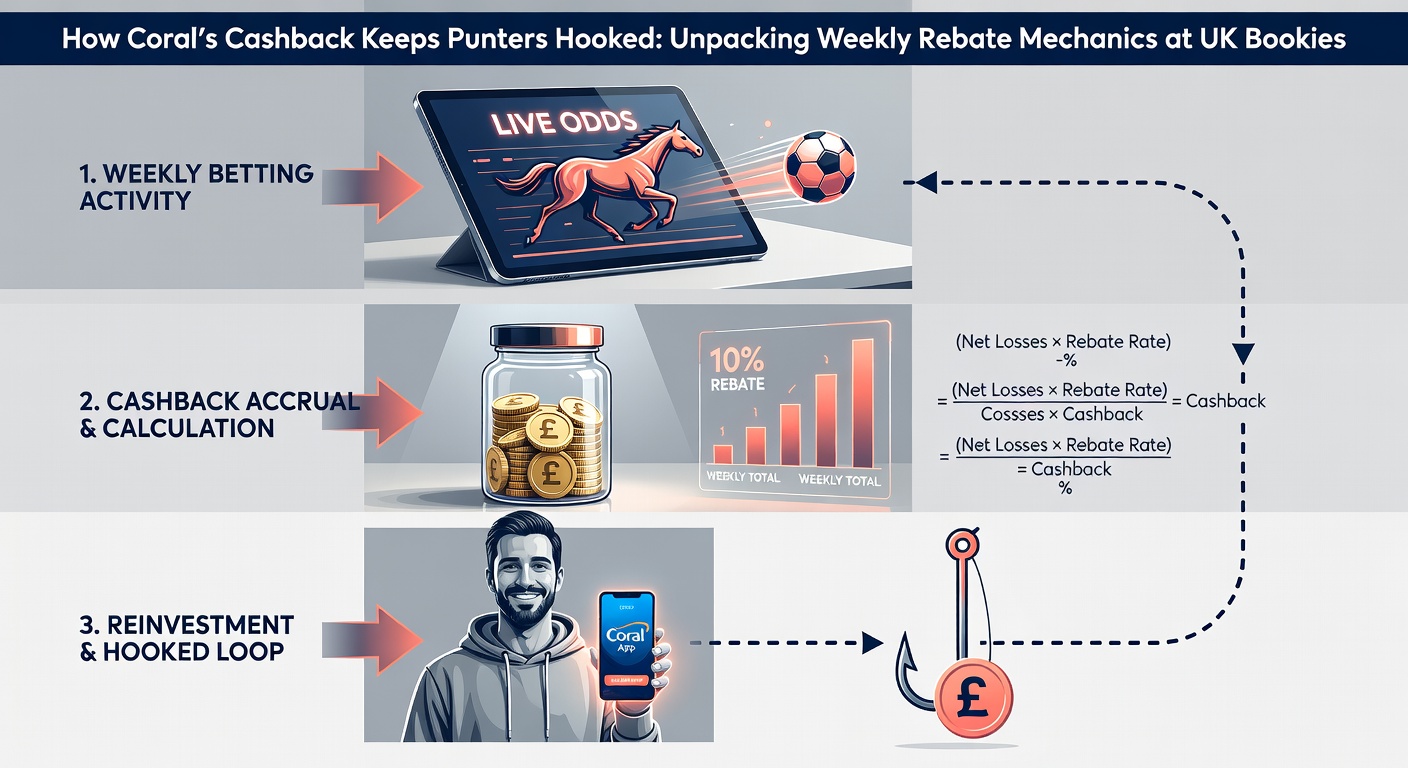 Visual breakdown of Coral's cashback rebate interface showing weekly loss calculations and payout triggers for UK bettors