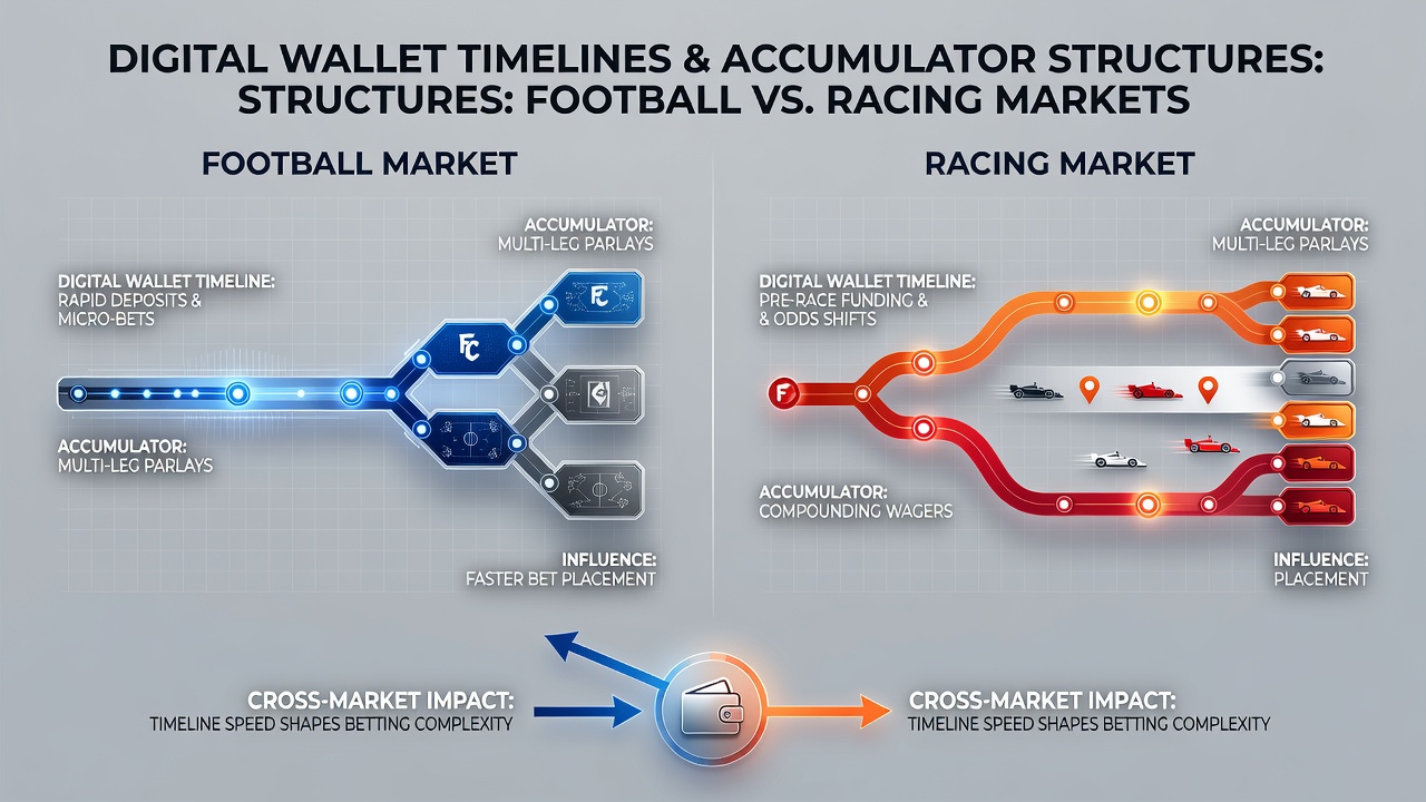 Digital wallet interfaces displaying transaction timelines for accumulator bets in football and racing