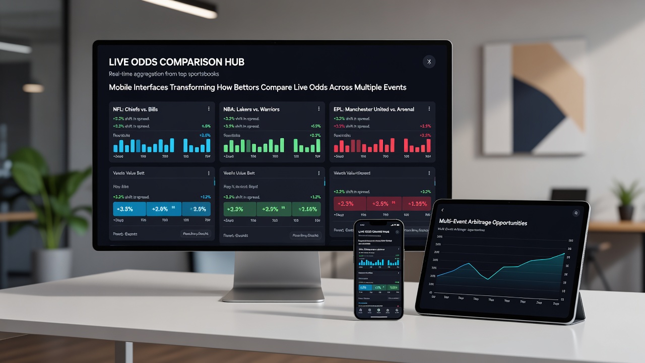 Close-up of a betting app showing multi-event live odds comparison with charts and alerts