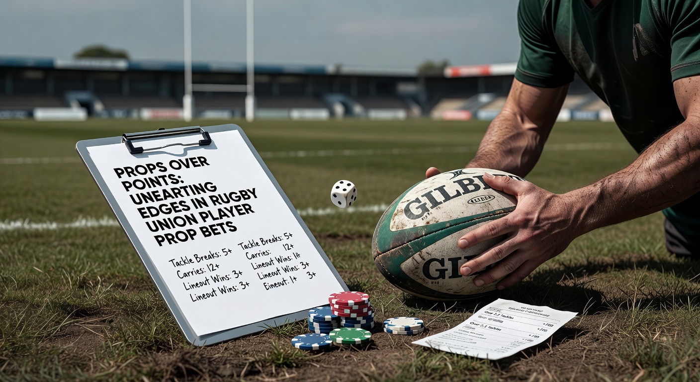 Rugby player breaking through defense during a high-stakes union match, highlighting prop bet action like tackles and carries