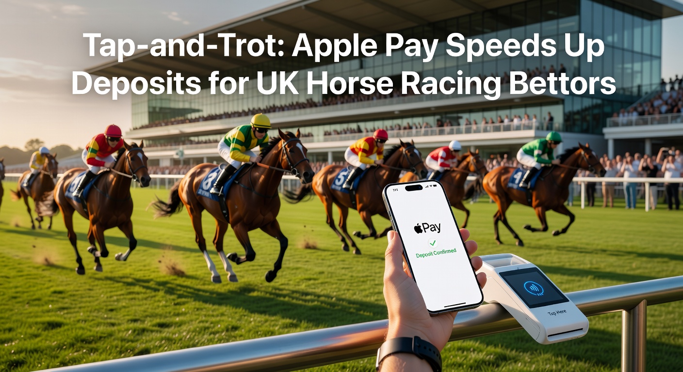 Mobile phone displaying Apple Pay transaction at a bustling UK horse racing track, with bettors tapping to fund wagers instantly