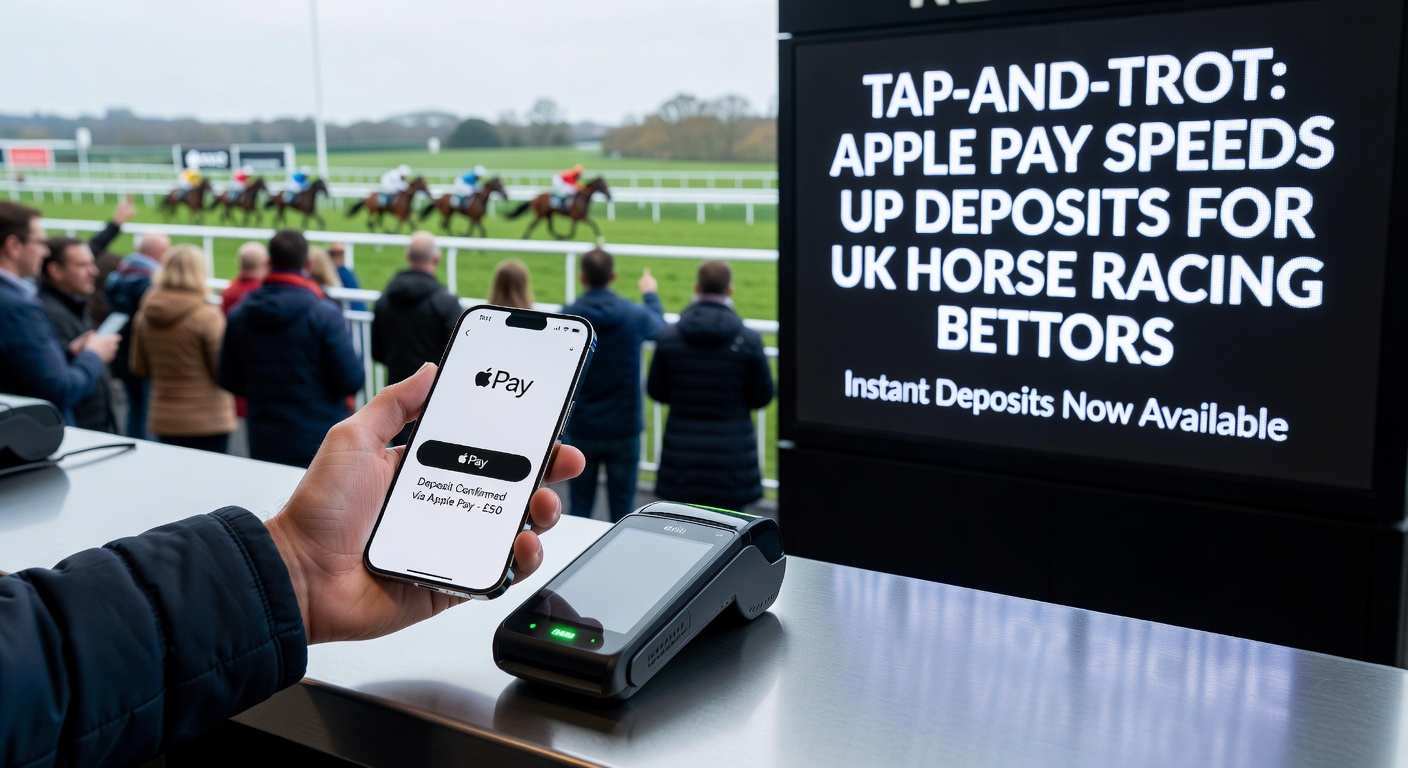 Infographic comparing deposit speeds: Apple Pay at 3 seconds versus cards at 45 seconds, alongside rising UK horse racing bet volumes in 2026