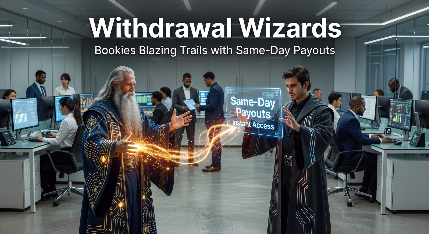 Digital graphic showing lightning-fast cash withdrawals from betting apps, with clocks ticking down to same-day payouts and bookie logos flashing